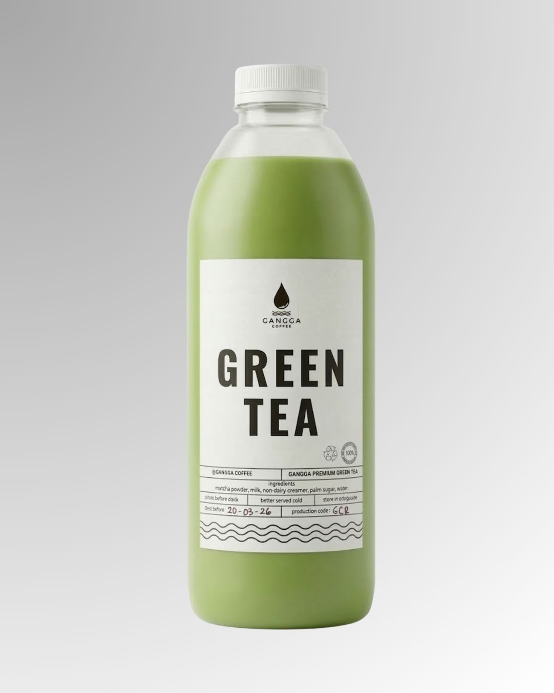 1 liter bottled Geentea Latte combining green tea and milk, with a soft, creamy texture in a minimal Gangga Coffee bottle design.
