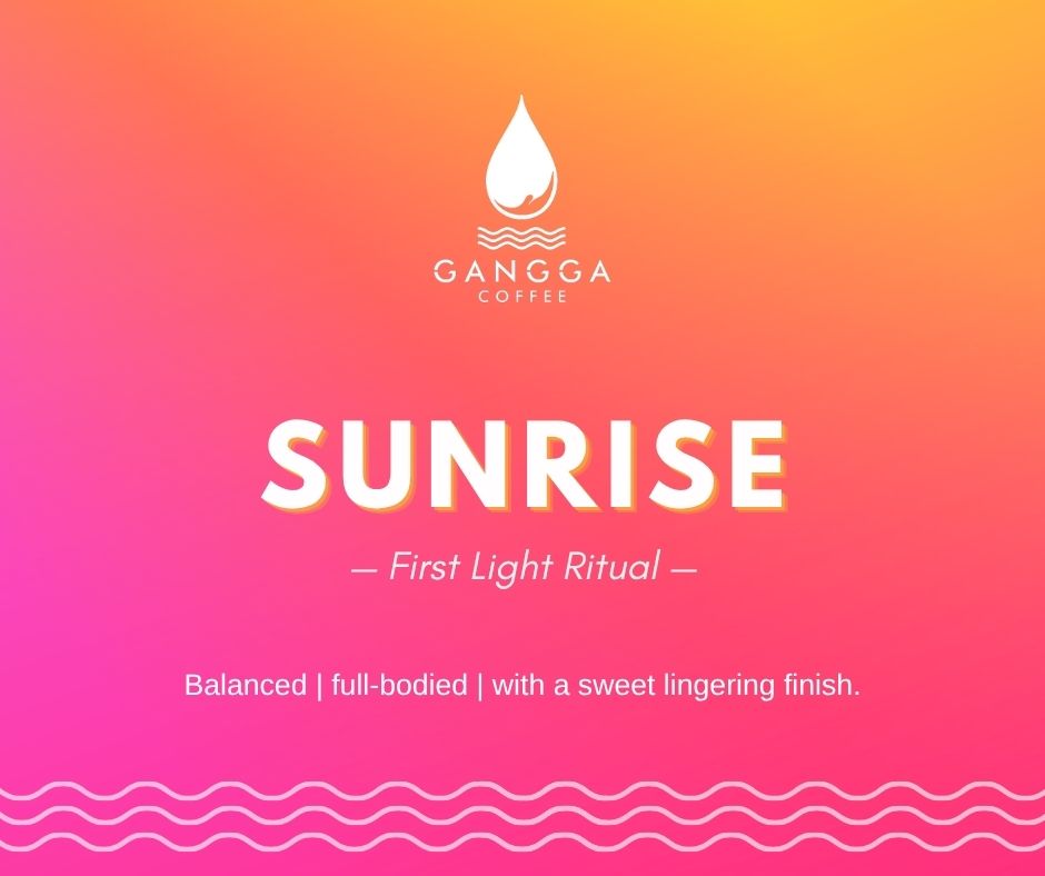 Sunrise drip coffee bag by Gangga Coffee, part of the Moment Series, crafted for a clean and balanced morning brew.