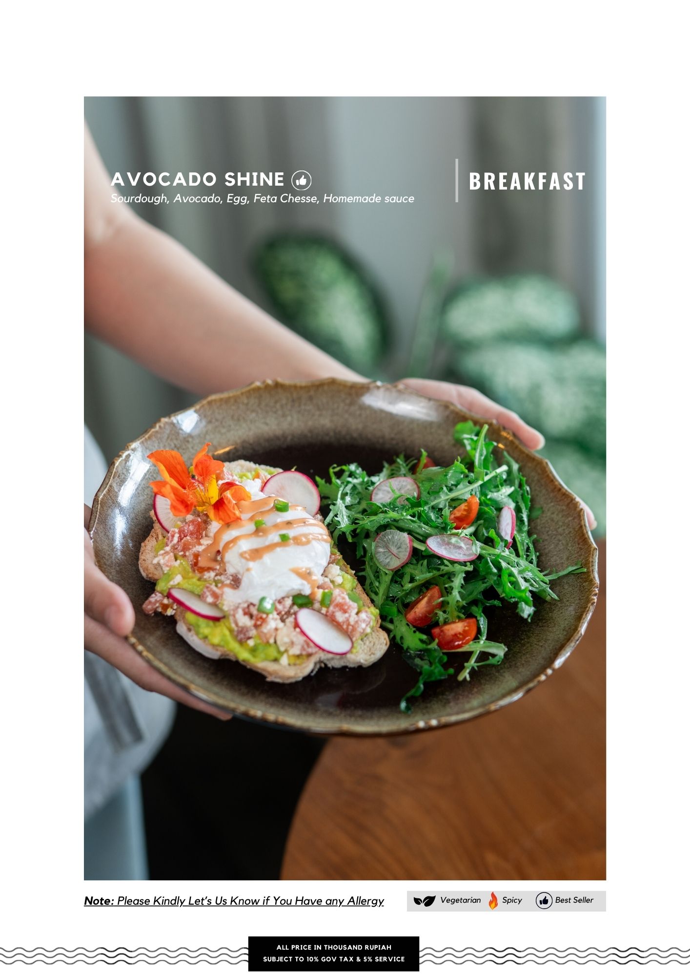 Avocado omelette with fresh vegetables and mixed greens served at Gangga Coffee Bali